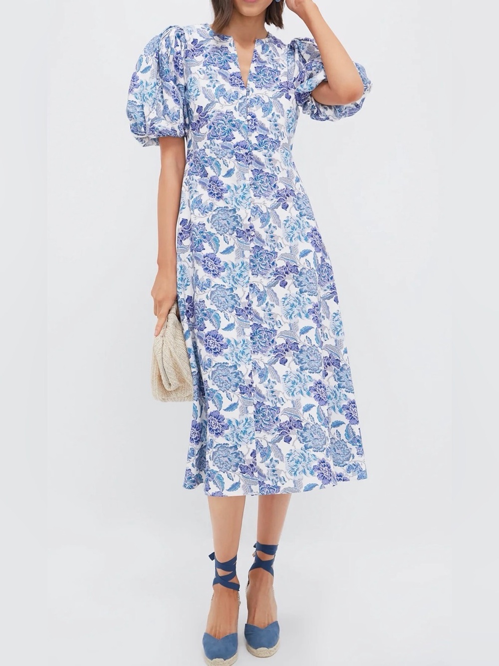 NWT Tuckernuck Steel Blue Floral Brody Midi Dress Coastal Nantucket Preppy Sz L - Picture 1 of 8